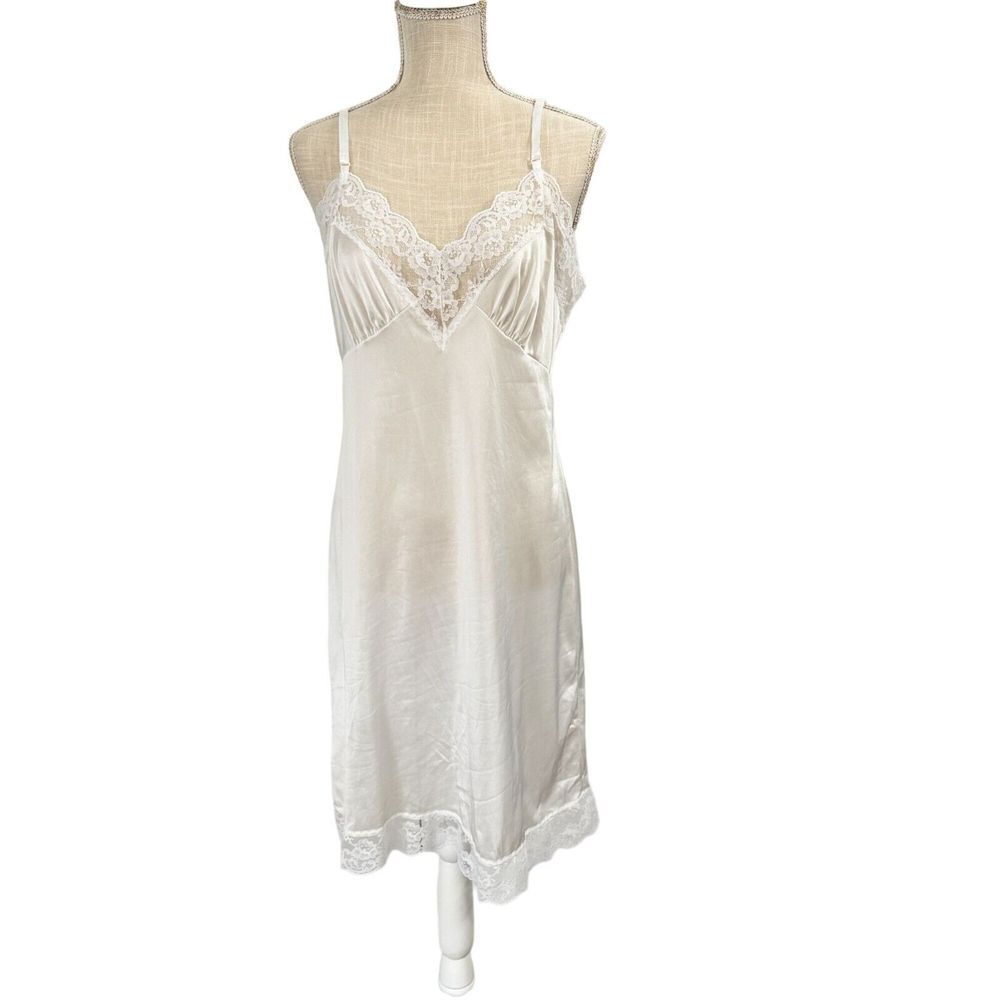 Vintage Sliperfection Slip Dress Womens M 36 White‎ Satin Lace Coquette Nightie